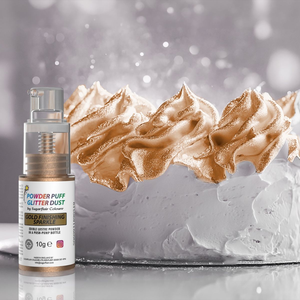 Sugarflair Pump Spray Powder Puff Glitter Dust Gold Finishing 10g