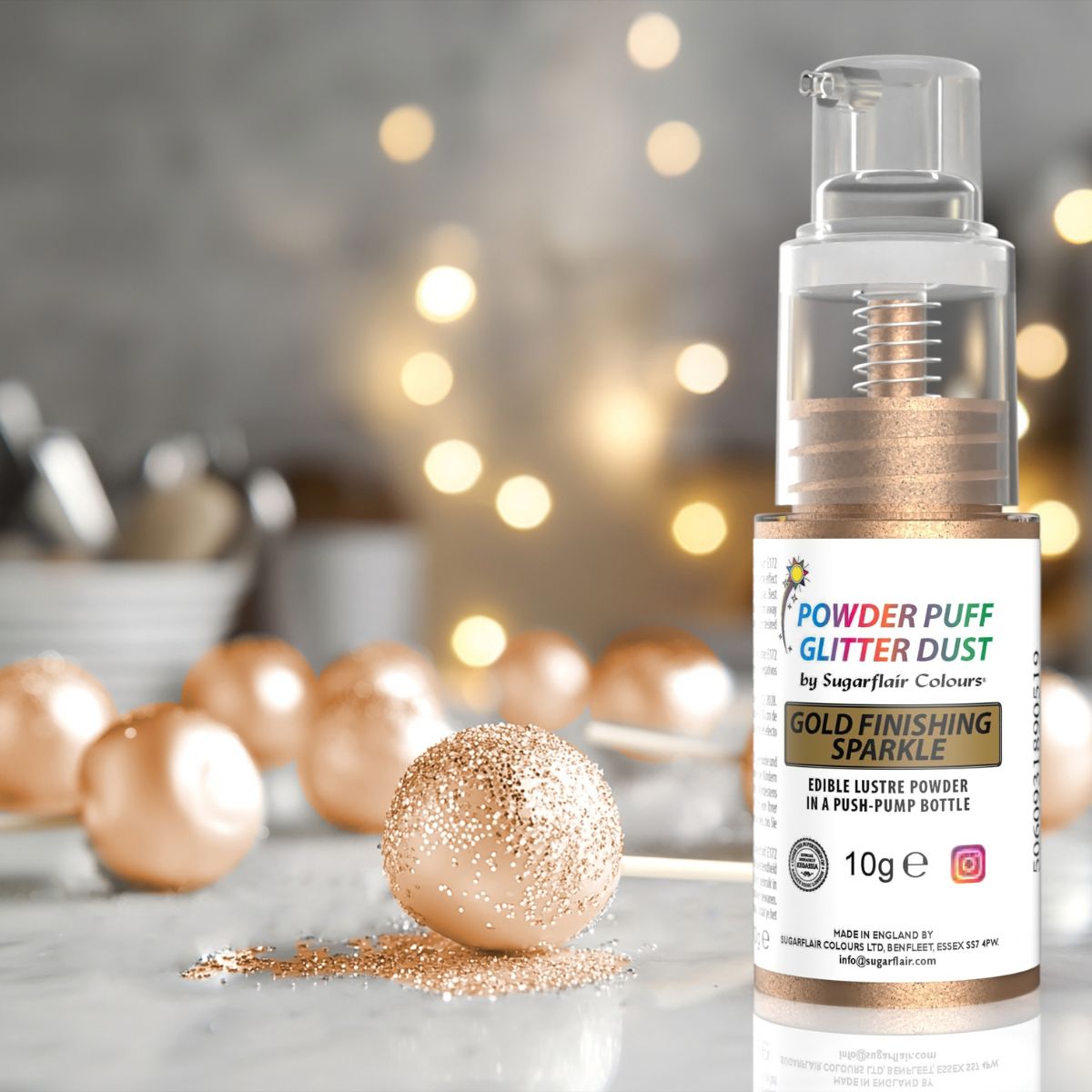 Sugarflair Pump Spray Powder Puff Glitter Dust Gold Finishing 10g