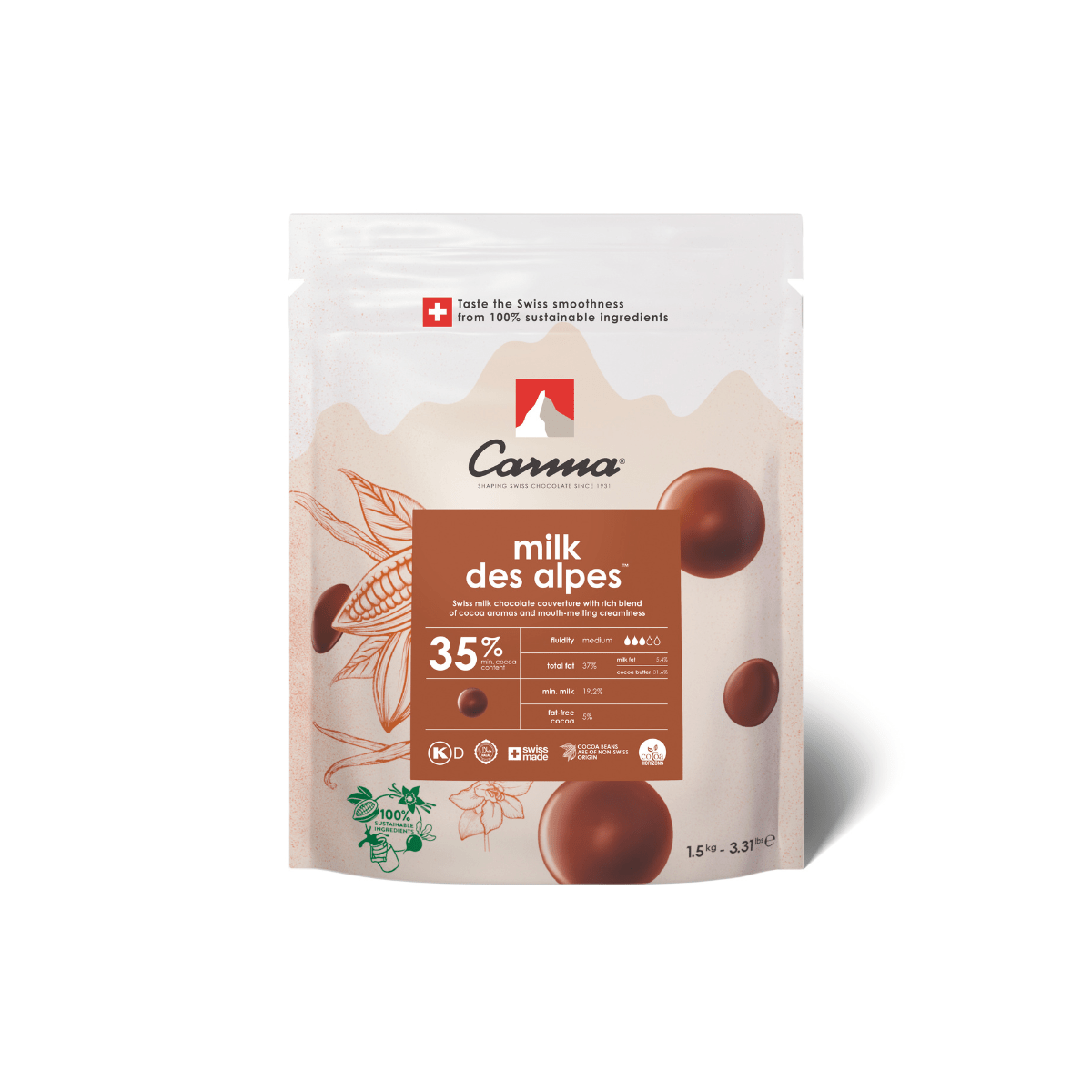 Carma Chocoladedruppels 1,5 kg - Milk Des Alpes 35%